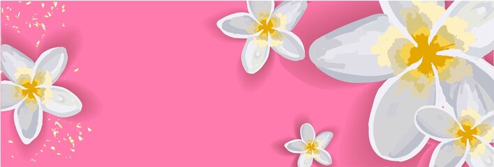 Bright spring background for an inscription. The flowers are white. Lily. Horizontal banner without text..