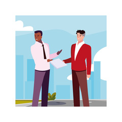 businessmen standing in urban street, business professional men