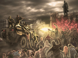 Angry zombie horde attack on an armored troop carrier - obrazy, fototapety, plakaty