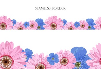Seamless floral border. Pink flowers on a white background. Spring pattern. Design of fabric, textile, design of cards and presentations..