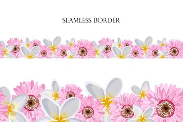 Fototapeta na wymiar Seamless floral border with colorful wildflowers. Vector horizontal drawing on a white background. Illustration by hand..