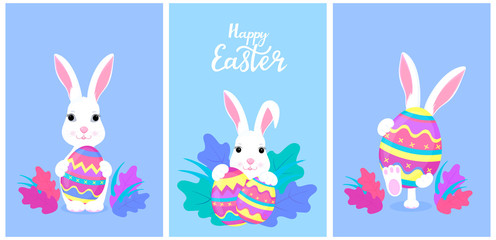 Happy Easter. A set of greeting designs with bunnies and painted eggs. White rabbit cartoon character.