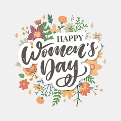Fototapeta na wymiar 8 march. Happy Woman's Day Vector congratulation card with linear floral wreath