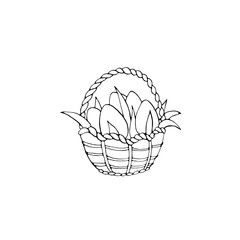 Happy Easter. Outline Basket with eggs and Tulip flowers. Design element for spring, holiday, coloring book, greeting card