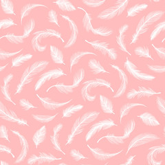 Feathers pattern on pink background, vector seamless decoration and ornate textile design. Abstract different shape flying white fluffy feather with down fluff plume texture, wallpaper ornament