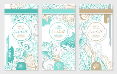Vertical Design Template with Pastel Turquoise and Gold Seashells. Printable Cosmetic Vector Design with Sketch Hand-drawn Corals and Brush Stroles, Contour Navy Seashells Drawings. Marine Flyers