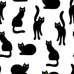 Black cats with green eyes, silhouettes. Seamless pattern. Vector background,
