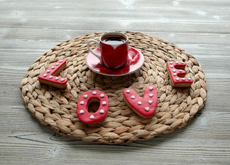 a cup of Turkish coffee and cookies specially prepared for Valentine's Day.
