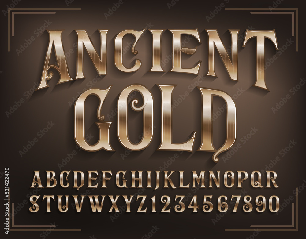 Fototapete ancient gold alphabet font. golden letters and numbers with shadow. stock vector typescript for your