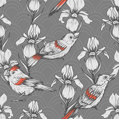 Seamless pattern with irises and birds