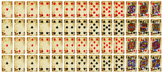Full set of Vintage playing cards isolated on white background - High quality.