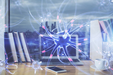 Desktop computer background and neuron drawing. Double exposure. Education concept.