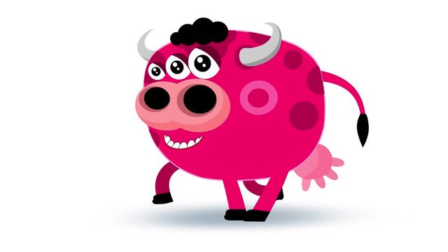 Cartoon monster cow with three eyes walking loop. Additional start, stop and one step moves. Funny animal children animation with alpha channel. Animated isolated character good for any use.