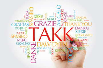Takk (Thank You in Icelandic) Word Cloud in different languages with marker