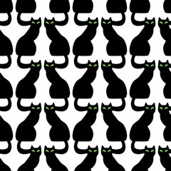 Sitting black cats silhouettes, seamless geometric pattern. Vector background, flat design.