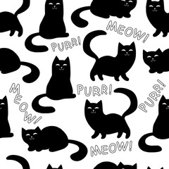 Black cats and kittens silhouettes on white background with "purr" and "meow" words. Seamless pattern, vector.
