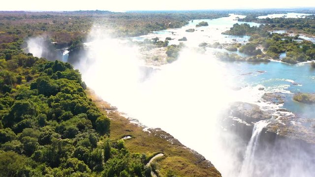 Drone footage of Victoria falls, a waterfall that borders Zambia and Zimbabwe.
