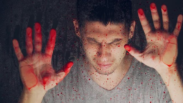 mad man covered in blood crying outside the window. The theme of murder and domestic violence. I regret it. The terrible consequences. The killer's hands