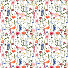 Materiał do szycia Beautiful floral summer seamless pattern with watercolor hand drawn field wild flowers. Stock illustration.