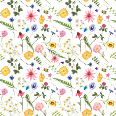 Beautiful floral summer seamless pattern with watercolor hand drawn field wild flowers. Stock illustration.
