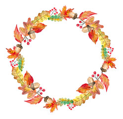 Beautiful autumn wreath. Colorful autumn leaves, acorn and rowan berries wreath composition. 