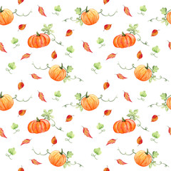 Seamless watercolor autumn pattern with fall leaves and pumpkins on the white background