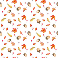 Seamless watercolor autumn pattern with acorns, fall leaves and berries on the white background
