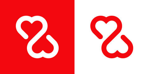 Símbolo de amor eterno. Icono lineal con corazones enlazados en fondo rojo y fondo blanco © teracreonte