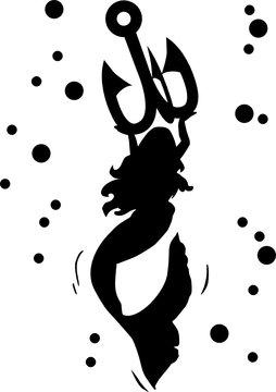 Graphic art - vector illustration of a beautiful mermaid - black ink silhouet