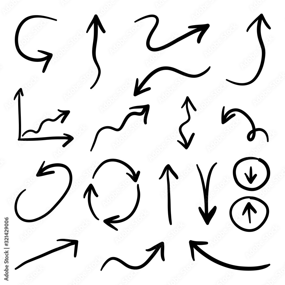 Aufkleber arrows hand drawn doodle vector set. sketch arrow design for application, banner, print screen, pen 