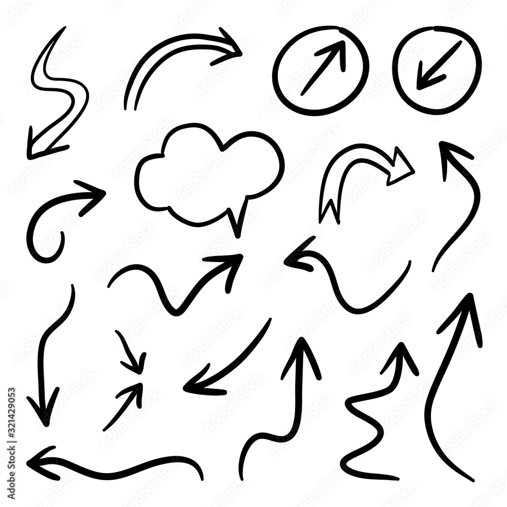Aufkleber arrows hand drawn doodle vector set. sketch arrow design for application, banner, print screen, pen 