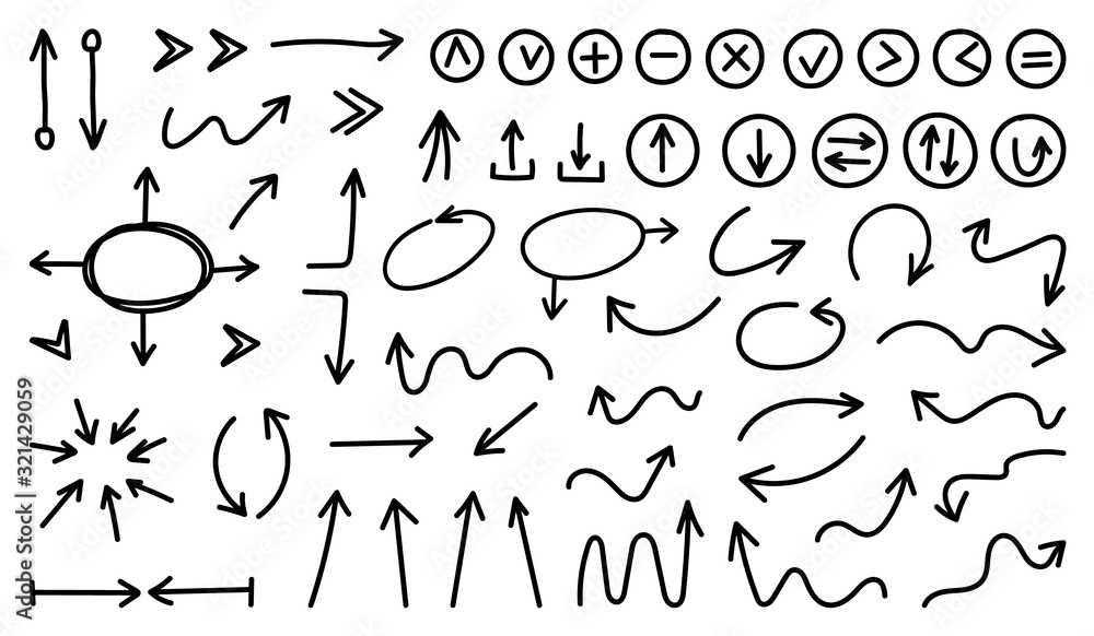 Aufkleber arrows hand drawn doodle vector set. sketch arrow design for application, banner, print screen, pen 