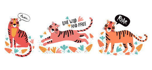 Set funny tigers in tropical leaves. Flat vector illustration. Wild exotic animals. Cute animal cartoon character idea for child printable stuff and t shirt, greeting card, nursery wall art, sticker.