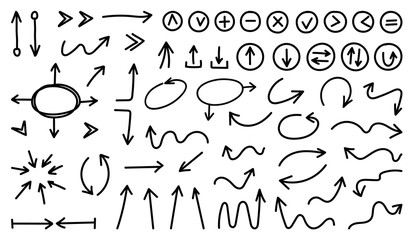 Fototapeta na wymiar Arrows hand drawn doodle vector set. Sketch arrow design for application, banner, print screen, pen marks, map and typography design guide line.