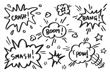 Hand drawn set of speech bubbles with dialog words:like, hello, kiss, love you, hi, Vector illustration.