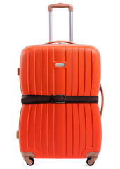 Studio shot of squished orange suitcase