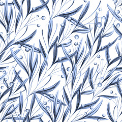 Seamless floral pattern blue and white, pen pattern