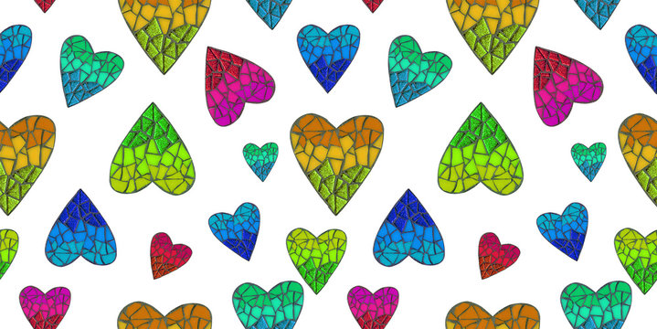 Mosaic seamless pattern with mosaic hearts. Love pattern isolated on white for valentine's day.