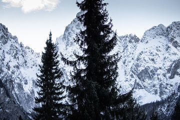 beautiful snowy winter mountain range landscape in julian alps, slovenia