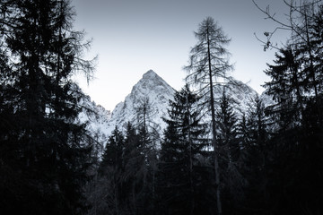 beautiful snowy winter mountain range landscape in julian alps, slovenia