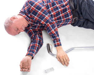 Healthcare and medicine concept. Senior man falling down from stroke or heart attack