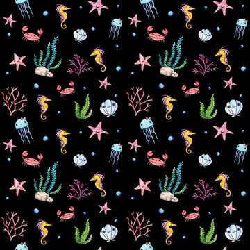 Seamless watercolor ocean cartoon  elements pattern on the black background. Watercolor seaweed, corals, crab, seashell, starfish, jellyfish, seahorse. Ocean elements. Ocean theme. Under the sea.