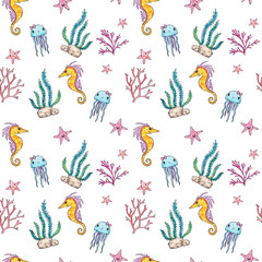 Seamless watercolor ocean cartoon  elements pattern on the white background. Watercolor seaweed corals, crab, seashell, starfish, jellyfish. Ocean elements. Ocean theme. Under the sea.