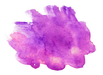 Watercolor stain magenta on paper with texture abstract grunge stain. Element for design on a white background isolated.