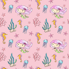 Seamless watercolor ocean cartoon  elements pattern on the pink background. Watercolor Mermaid, corals, sea horse, seaweed, starfish, jellyfish. Ocean elements. Ocean theme. Under the sea.