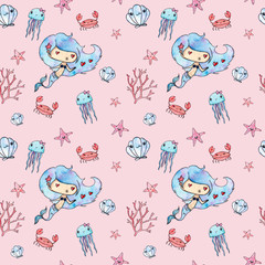 Seamless watercolor ocean cartoon  elements pattern on the coral background. Watercolor Mermaid, corals, crab, seashell, starfish, jellyfish. Ocean elements. Ocean theme. Under the sea.