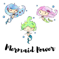 Watercolor ocean cartoon isolated mermaids character set. Ocean theme. Under the sea.