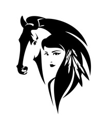 beautiful american indian woman with feathers in long hear and wild mustang horse head - native tribal spiritual culture black and white vector design