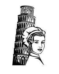 beautiful woman chef wearing retro style hat near leaning tower of pisa - italian cuisine black and white vector design