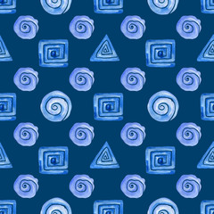 Seamless abstract pattern with geometric shapes for decoration interior, print posters, greeting card, seamless wallpaper, textile pattern. Geometric symbols. Abstract background with blue elements.